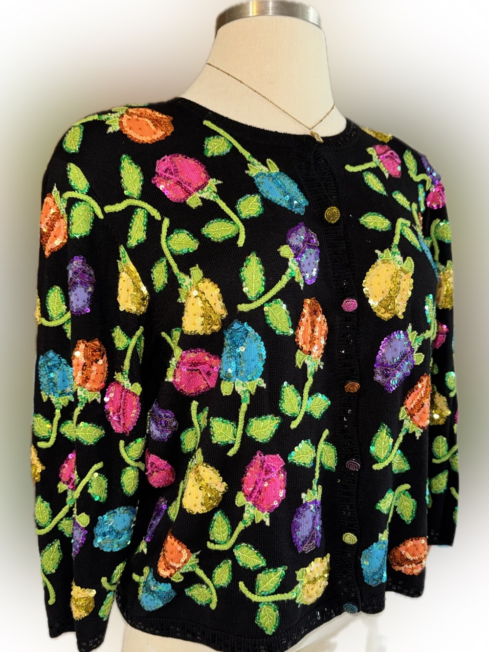 Women’s Vintage Just B Black Sequin Floral Cardigan Sweater